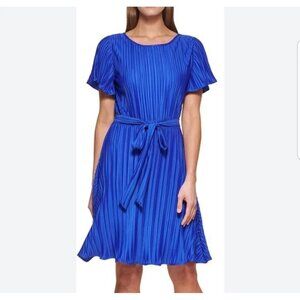 DKNY Womens Size 10 Cobalt Blue Pleated Dress Flutter Sleeve Tie Waist Belt NEW